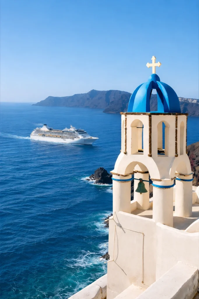 Santorini i statek wycieczkowy