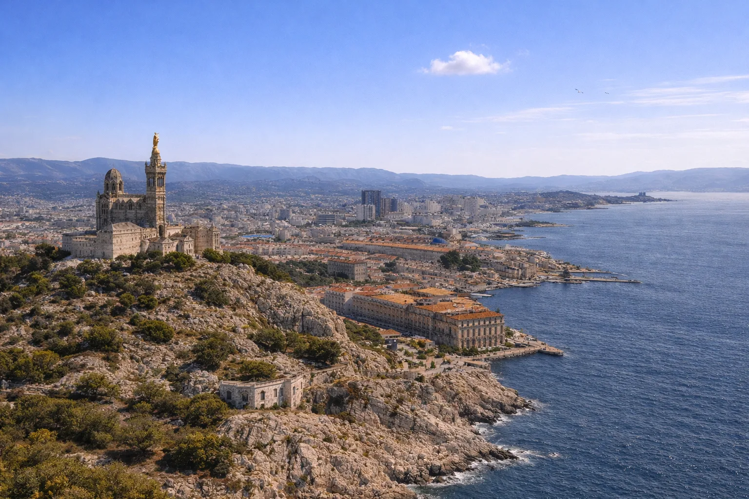 Vieux-Port i bazylika Notre-Dame de la Garde w Marsylii