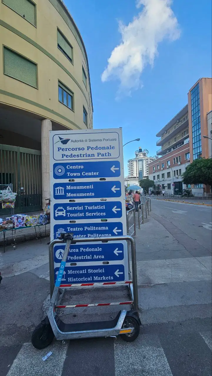 rogowskaz w Palermo prowadzący do portu i centrum miasta – trasa piesza z terminalu rejsowego